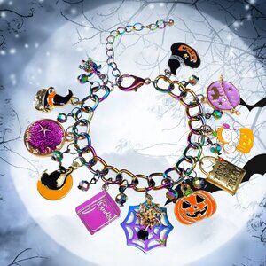 Halloween Charm Bracelet, Pumpkins, Ghost, Spider Webs, Cat